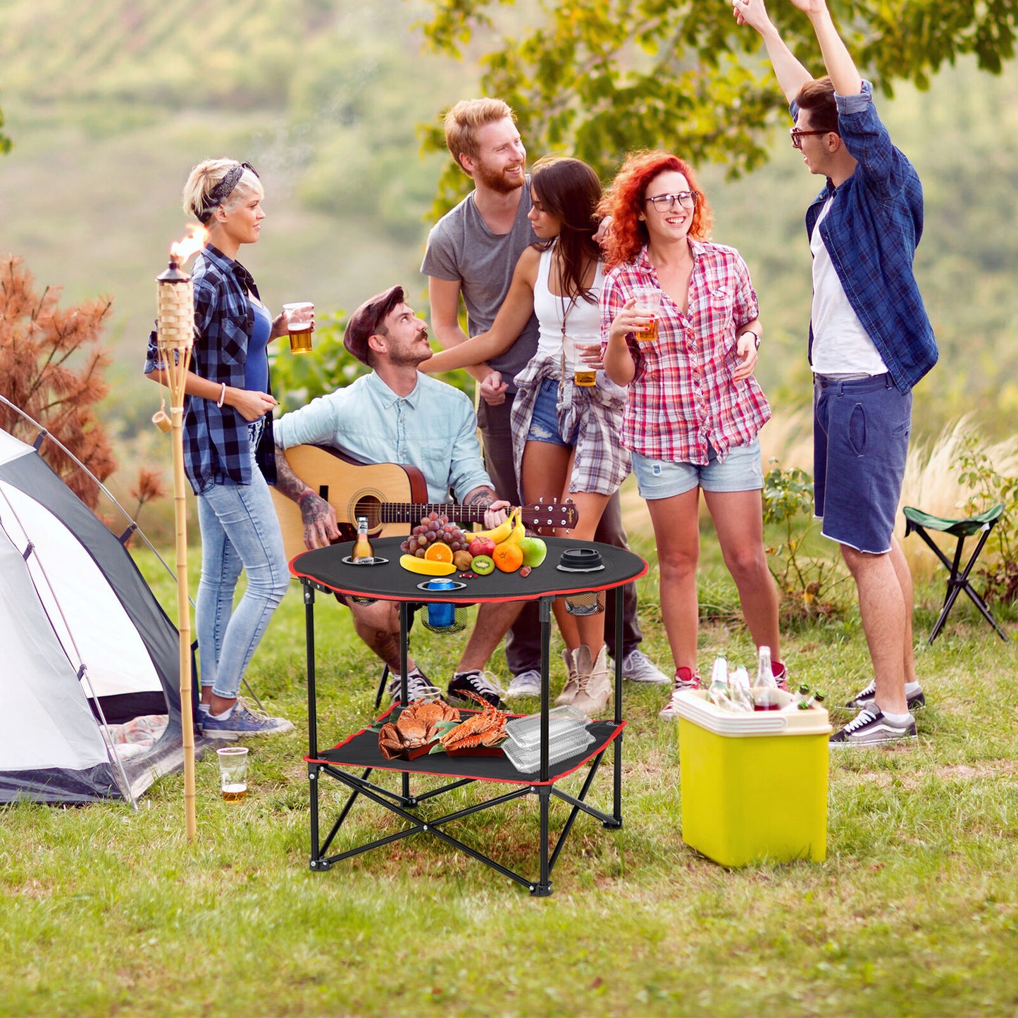 Folding Picnic Table Portable Outdoor Camping Table with 4 Cup Holders and Bags