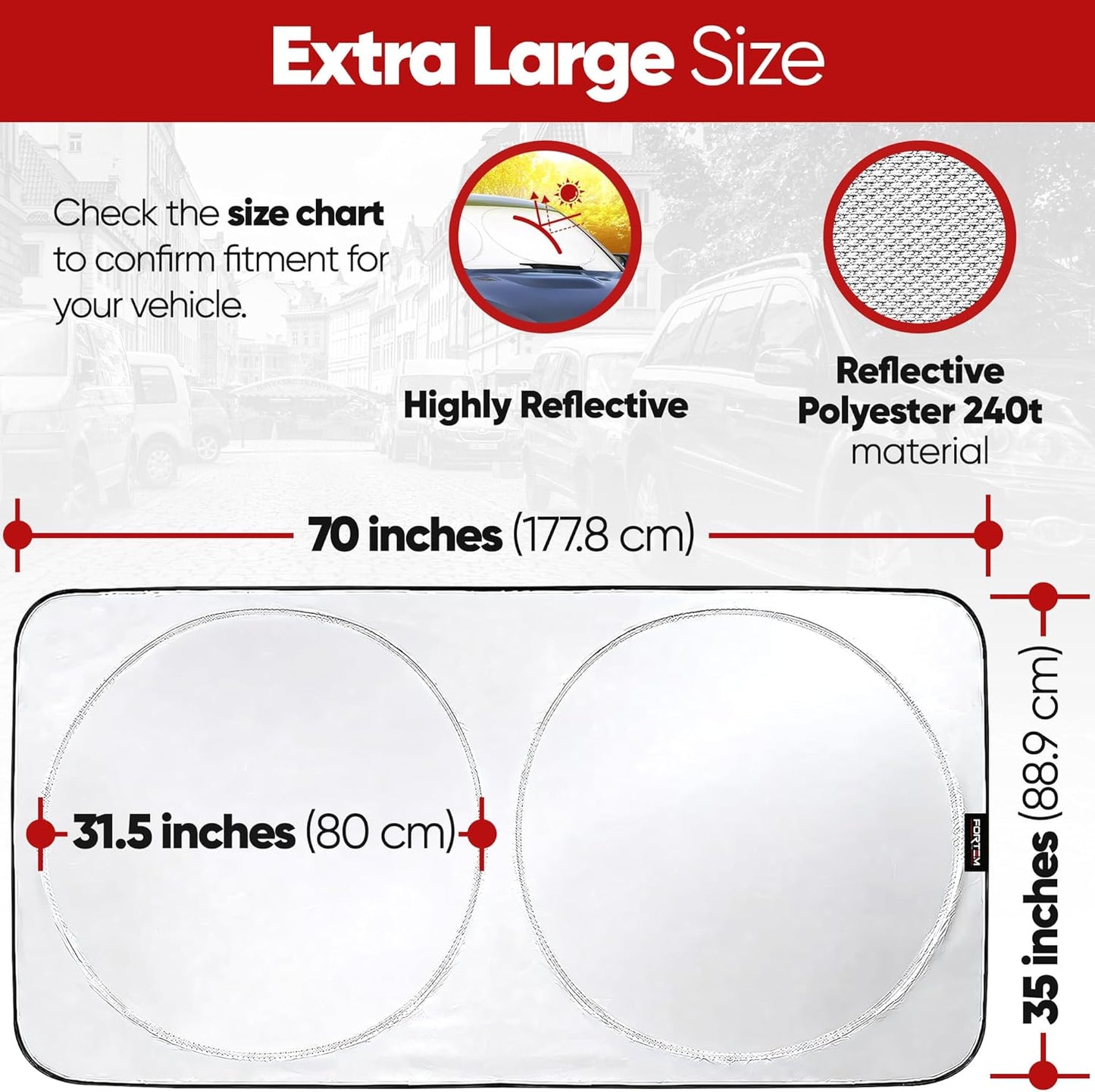 Car Sun Shade for Windshield, Reflective Windshield Sunshade, 240T Polyester, Automotive Interior Sun Protection, Ultimate Heat and UV Shield, Foldable, Storage Bag