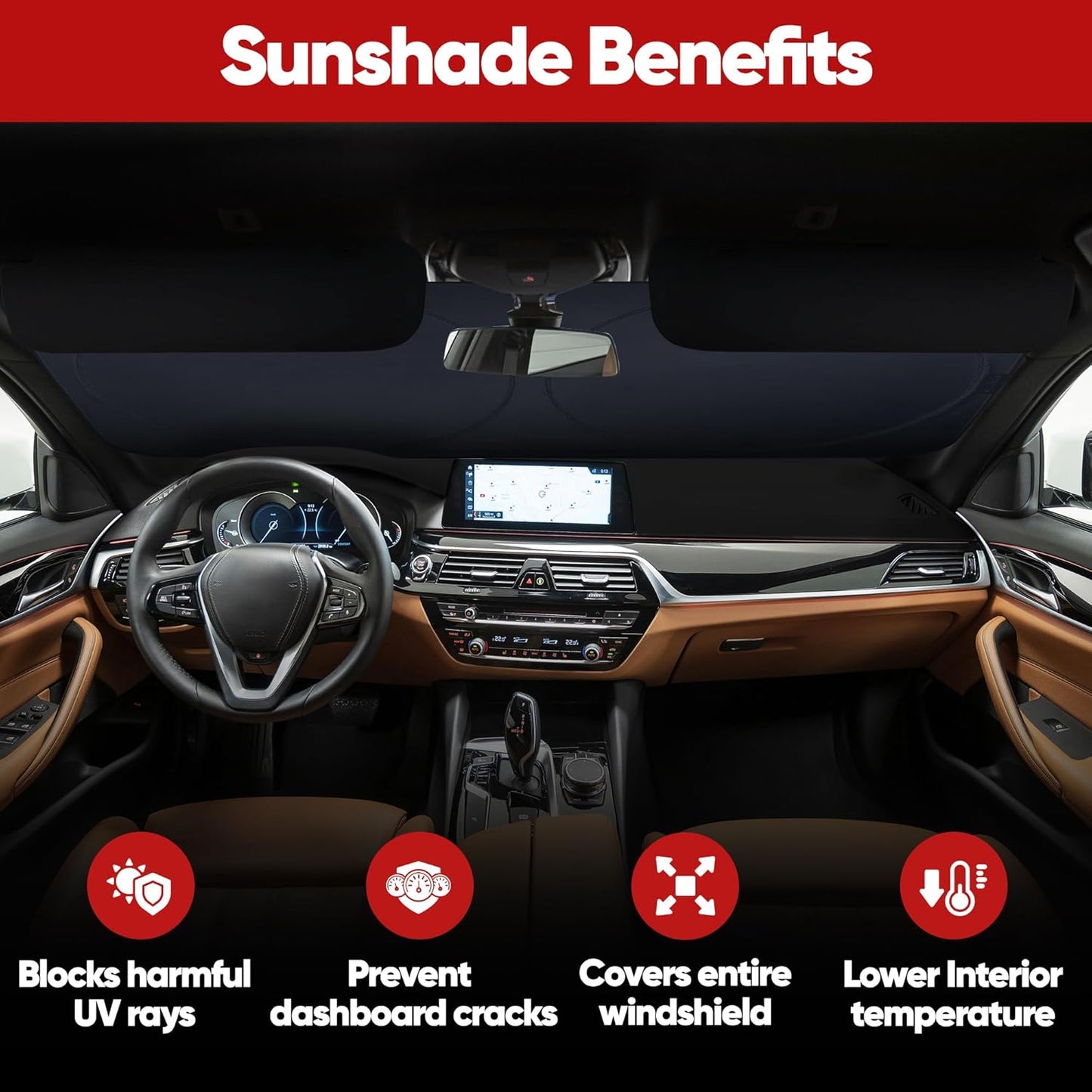 Car Sun Shade for Windshield, Reflective Windshield Sunshade, 240T Polyester, Automotive Interior Sun Protection, Ultimate Heat and UV Shield, Foldable, Storage Bag