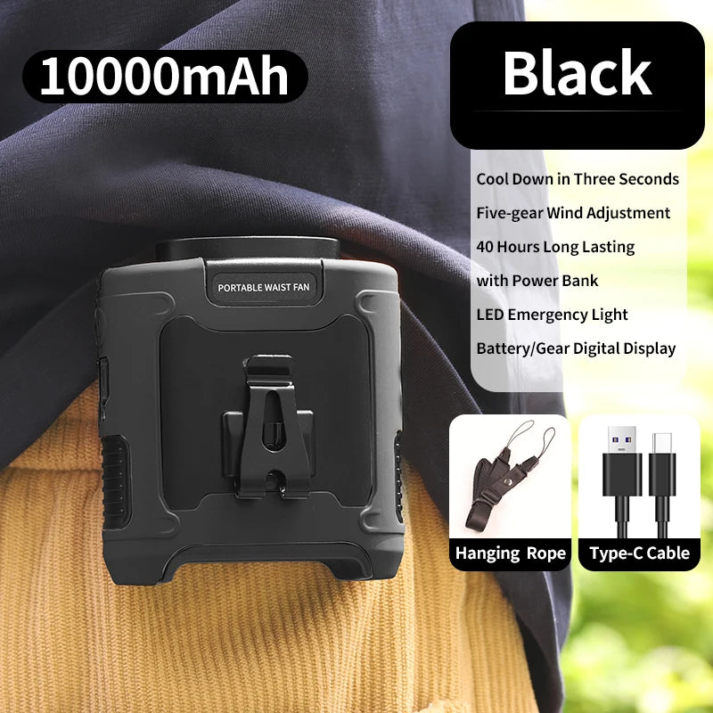 Portable 20000mAh Waist Fan with Power Bank & LED