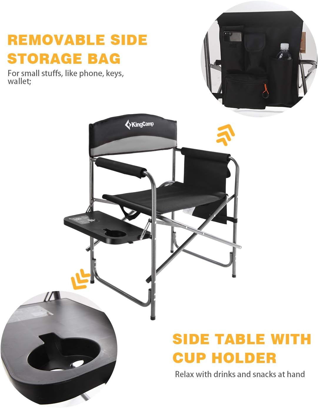 Camping Foldable Padded Director Arm Chair with Side Table and Pocket, Grey