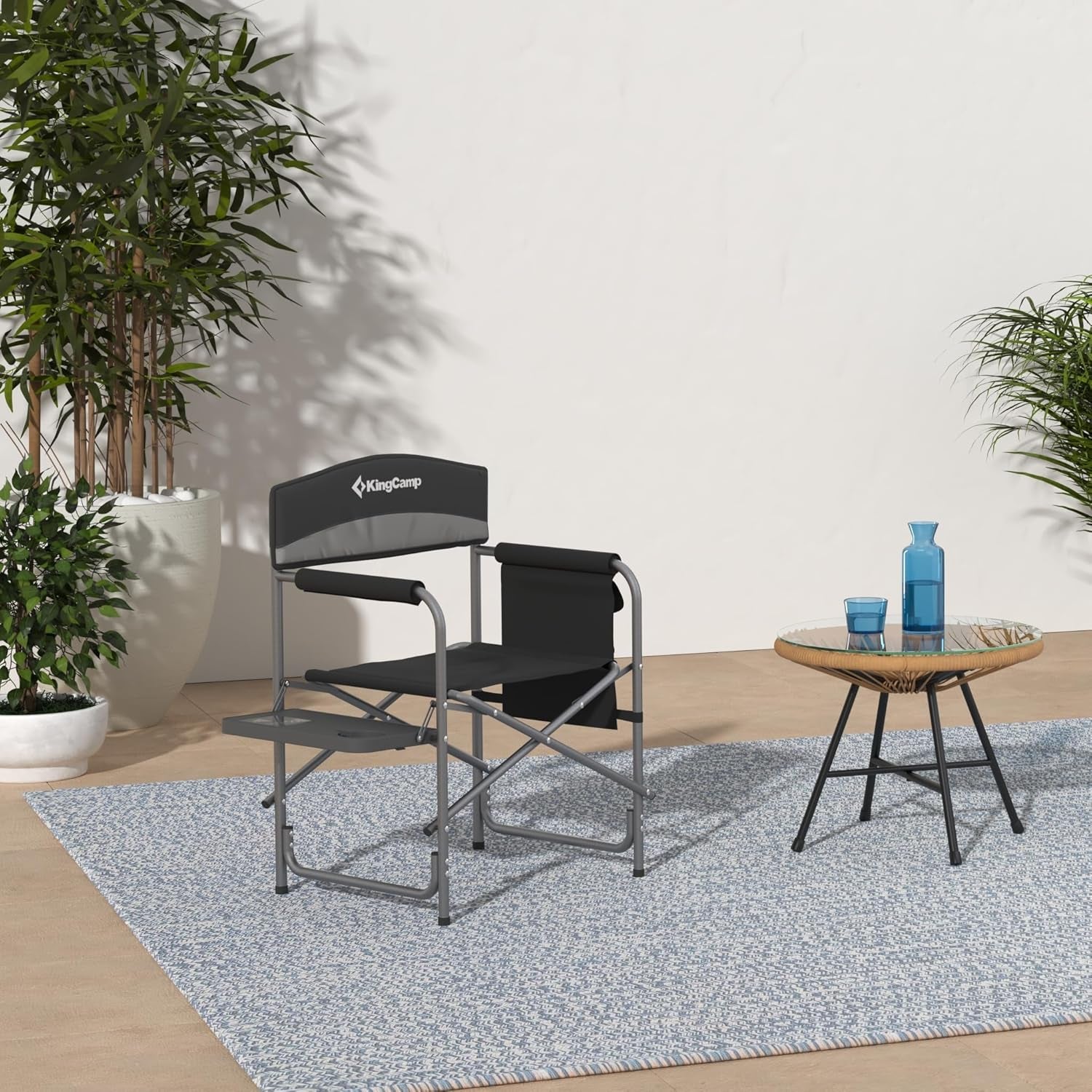 Camping Foldable Padded Director Arm Chair with Side Table and Pocket, Grey