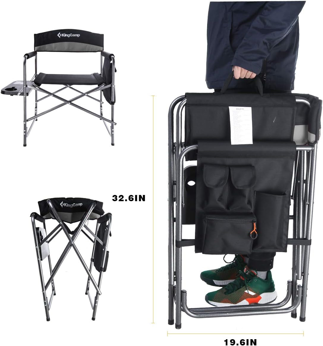 Camping Foldable Padded Director Arm Chair with Side Table and Pocket, Grey