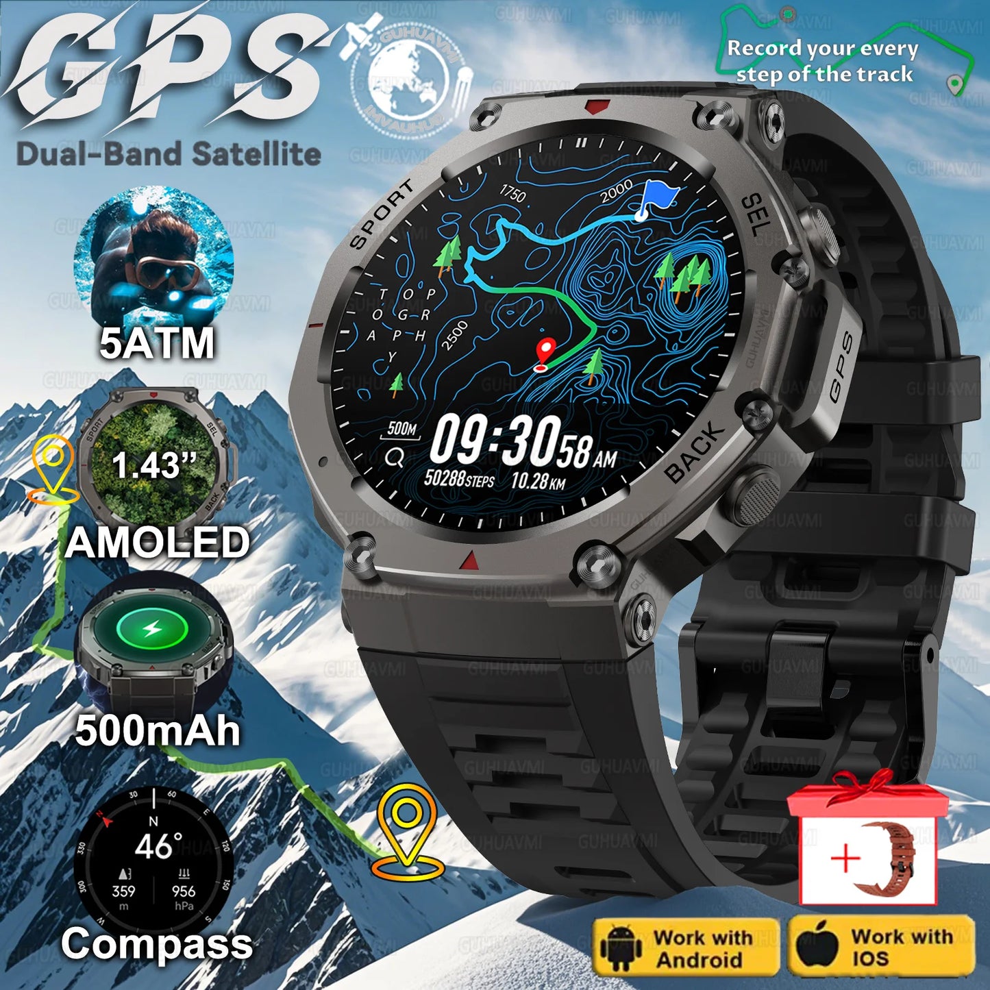 T-Rex 3 GPS Smart Watch Men -  Compass, Barometer Beast, AMOLED Display