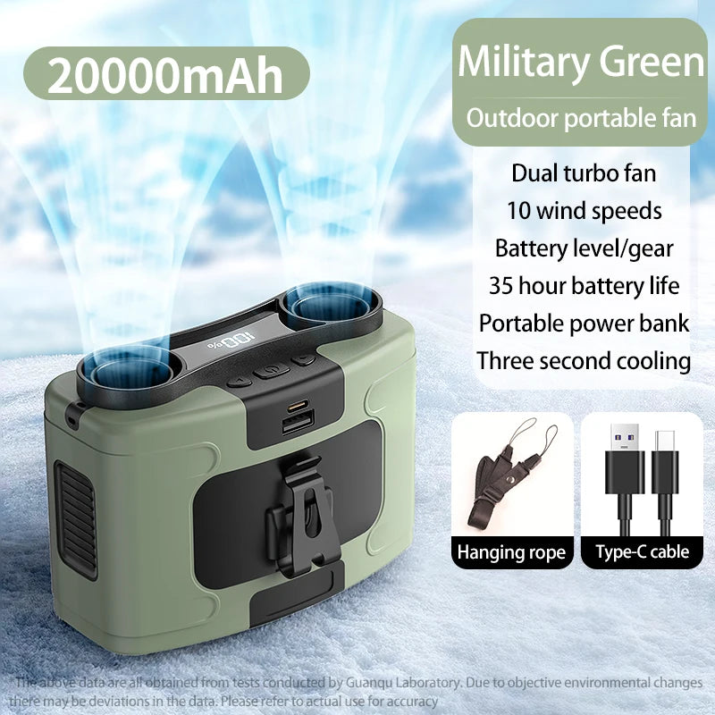 Portable 20000mAh Waist Fan with Power Bank & LED