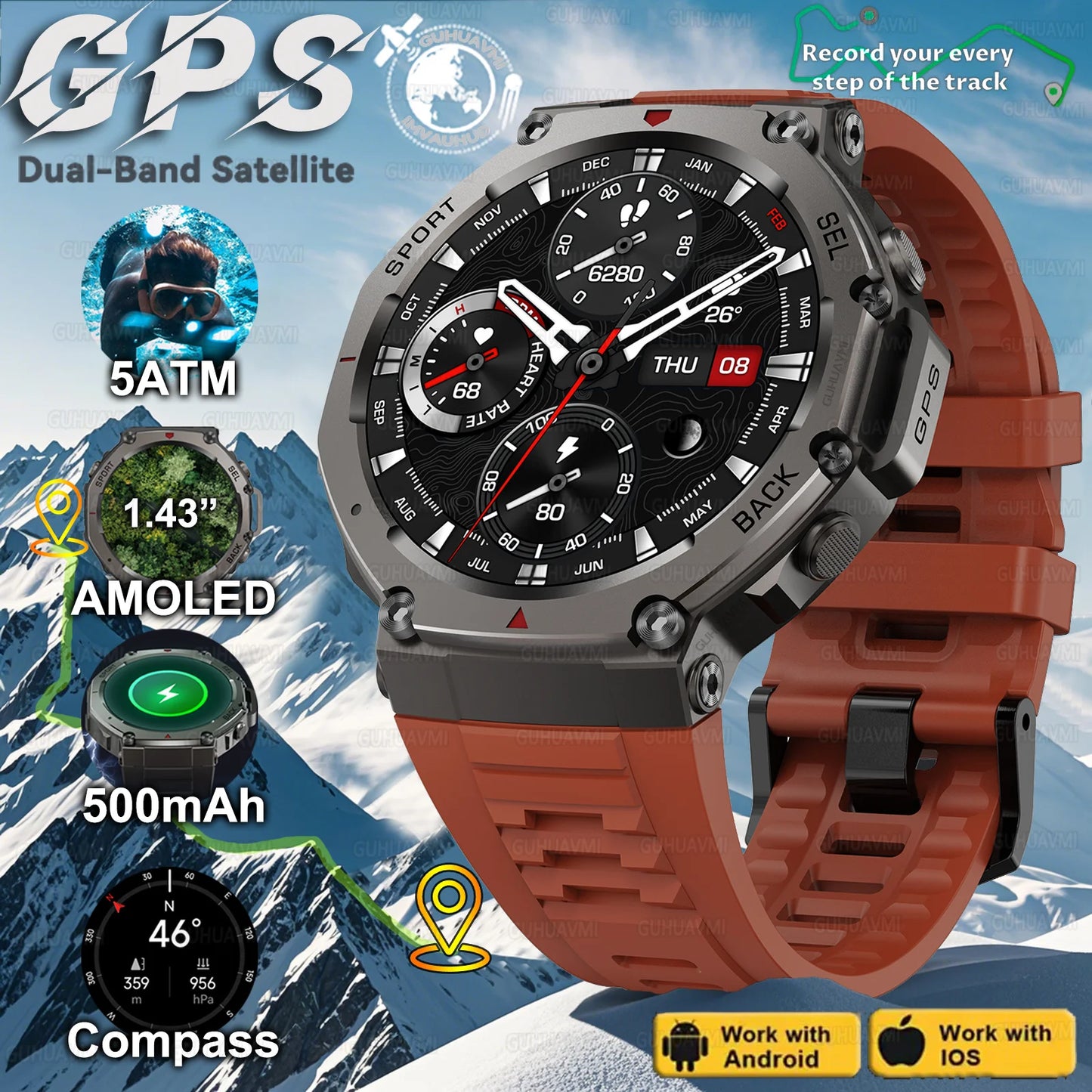 T-Rex 3 GPS Smart Watch Men -  Compass, Barometer Beast, AMOLED Display