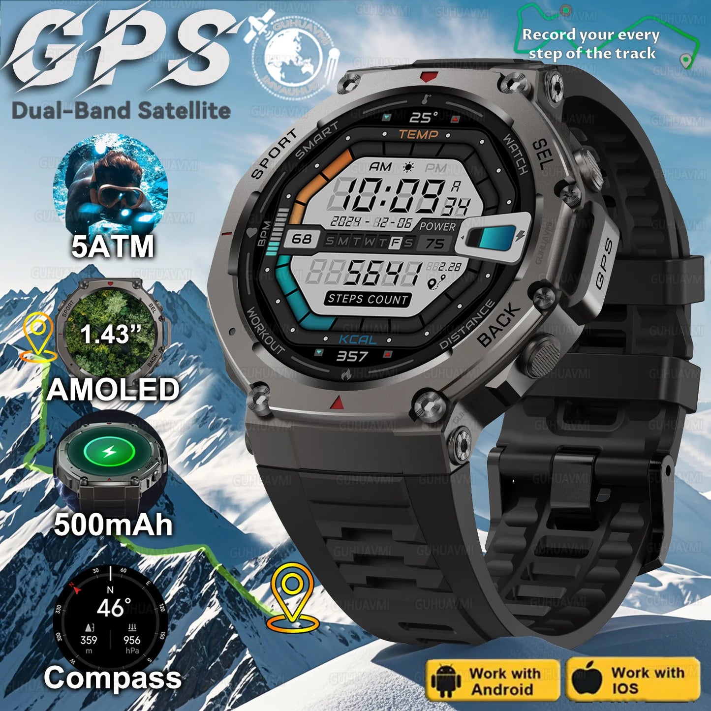 T-Rex 3 GPS Smart Watch Men -  Compass, Barometer Beast, AMOLED Display