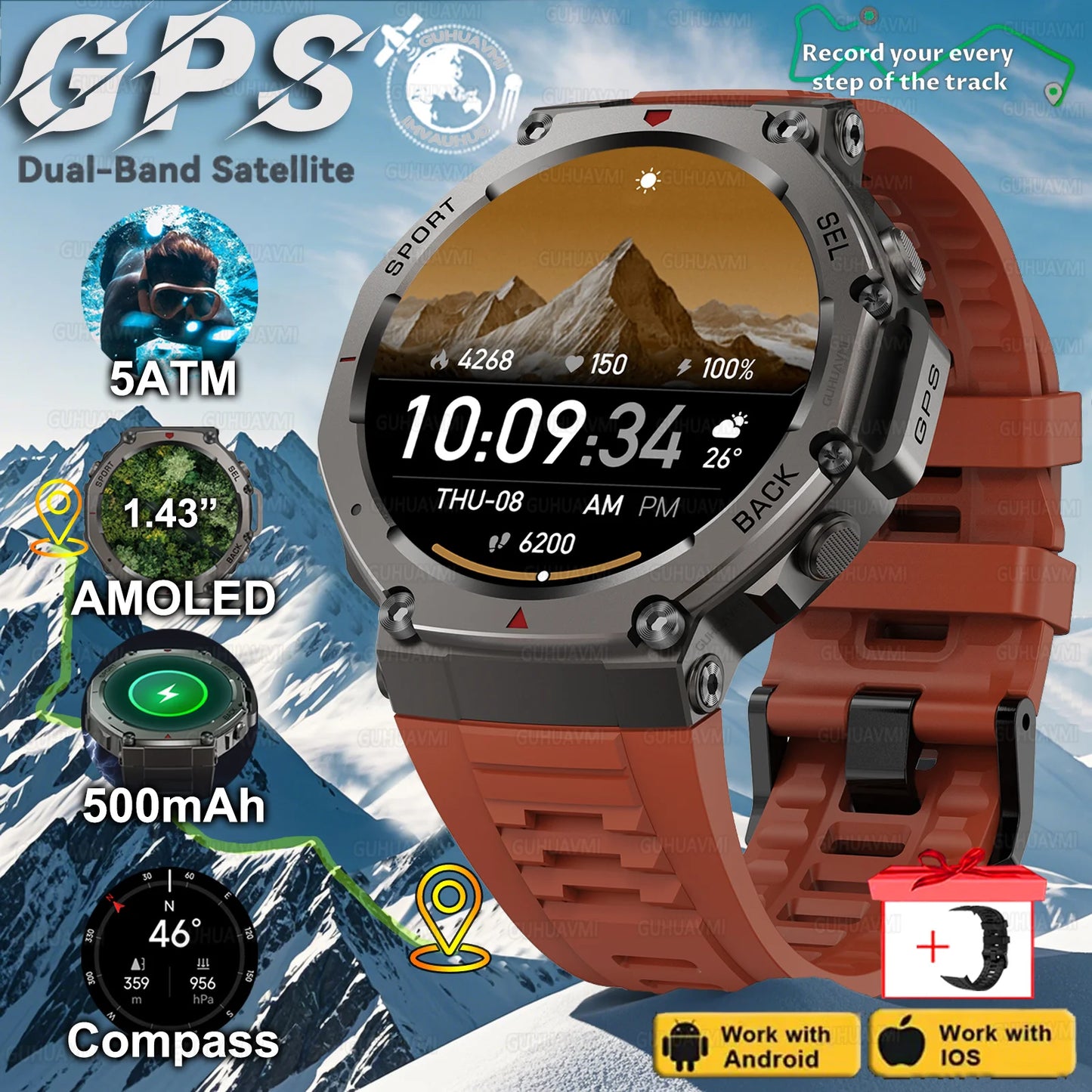 T-Rex 3 GPS Smart Watch Men -  Compass, Barometer Beast, AMOLED Display